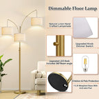 Dimmable Floor Lamp, 3 Light Brass Arc Floor Lamp, Modern Tall Standing Tree Lamp with White Linen Shades & Heavy Base, 3000LM LED Bulbs, Bright Lighting for Living Room, Bedroom, Office & Reading