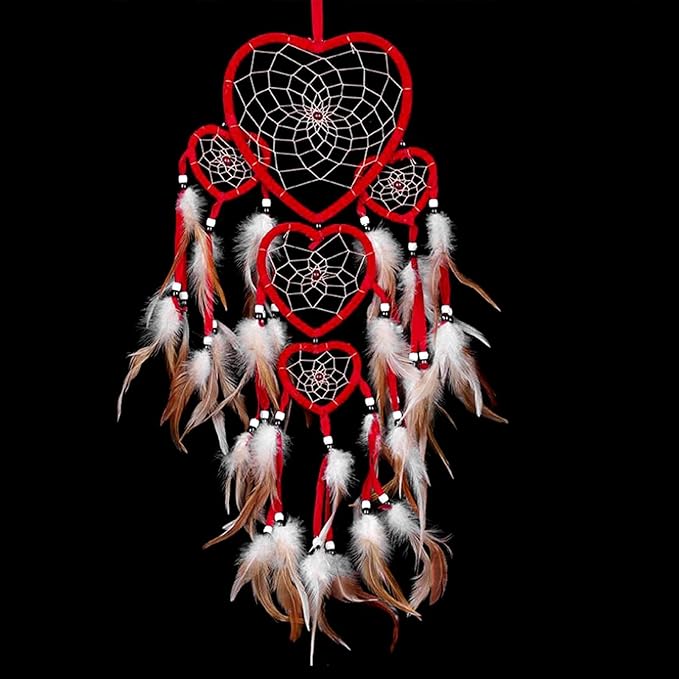 Dream Catcher with Feathers, Heart Shaped Dream Catcher Indians Traditional Love Net Wall Hanging Bedroom Home Car Decor (Red)