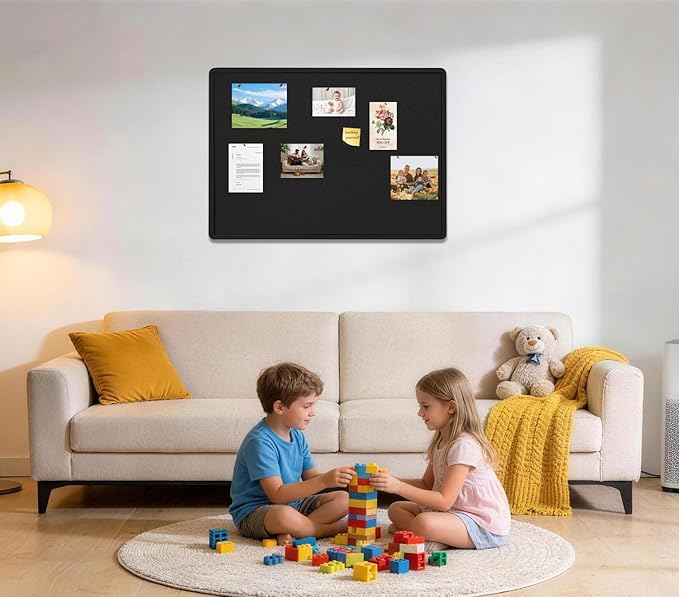 Bulletin Board, 23.5 X 17.5 inches Cork Board with 20 Pushpin, Felt Cork Board Notice Pin Board, Self-Adhesive Vision Board Mood Board Foldable Photo Board for Wall - Black