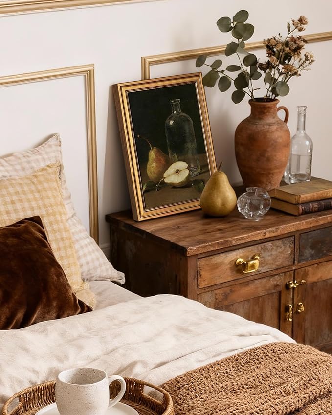 VIYYIEA Vintage Gold Framed Wall Art for Living Room, Fruits Canvas Prints Home Decor, Oil Painting Picture, Bedroom Wall Decor Gifts for Friends or Family -【Pear by the Bottle】-(16L x 12W)