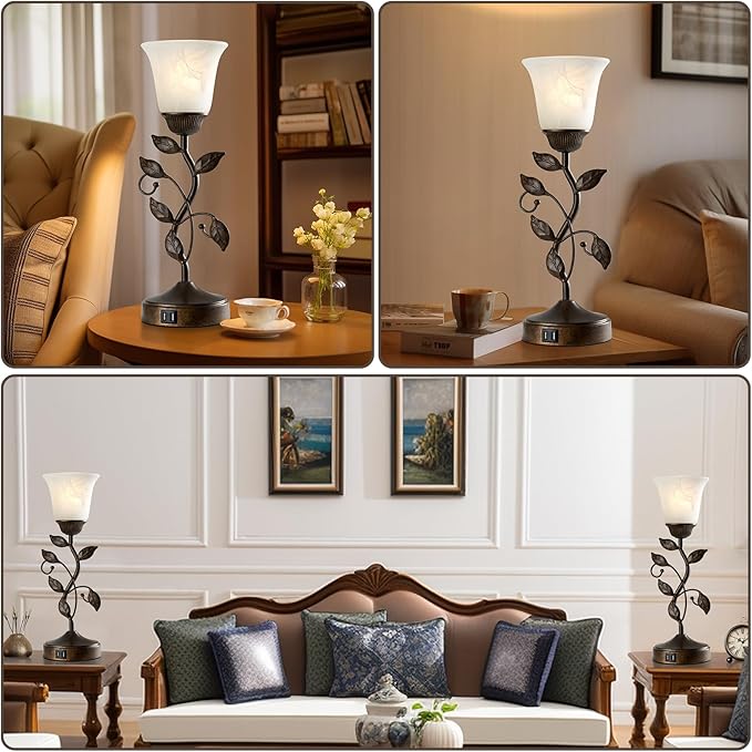 Touch Bedside Table Lamp, Vintage Nightstand Lamp with 2 USB Ports for Living Room, 3 Way Dimmable Leaf Lamp Retro Table Lamp for Bedroom with White Glass Shade, LED Bulb Included