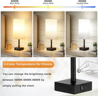 aooshine Bedside Table Lamps Set of 2 - Small White Bedroom Lamps with 3 Color Temperatures (3000K/5000K/4000K), Square Nightstand Lamp with USB C + A Charging Ports, Pull Chain Night Light