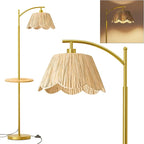 Oneach Floor Lamp with Table for Bedroom, Boho Standing Lamps with Foot Switch, Farmhouse Floor Lamp for Living Room, Arc Rattan Lamps with Gold Metal Base & Pole, Ideal for Home Décor