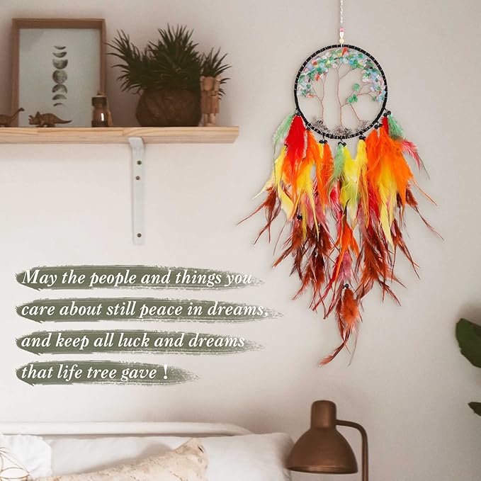 Pretty Jolly Cat's Eyes Tree of Life Dream Catcher Wall Decor with Healing Crystal Stone Handmade Colored Feather Dream Catchers Decoration Wall Hanging Bedroom Room Wedding Party Wish Gift-25.6"