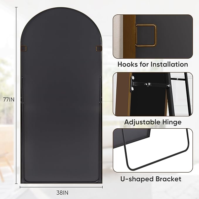 Antok 78" x 38" Full Length Mirror, Floor Mirror Arched Window Decorative Mirror, Metal Framed Decor Farmhouse Floor Mirrors Art Pane Mirrors Wall Decor for Bedroom, Living Room, Entryway Black