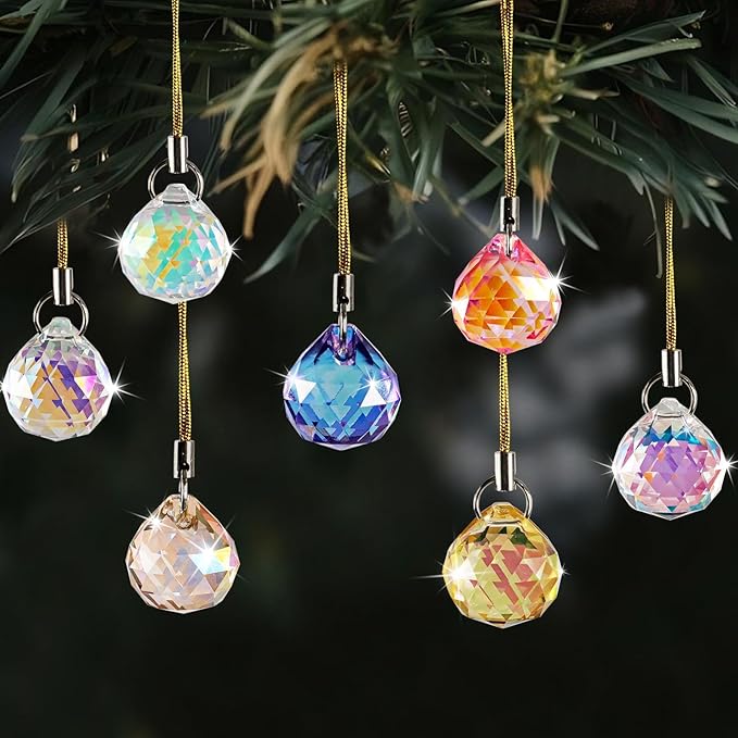 Crystal Suncatcher Ornaments Christmas Tree Decorations, 12PCS Xmas Iridescent Crystal Ball Prism, Mini Round Ball Drop Hanging Ornament for Xmas Tree Suncatcher Chandelier Wedding Party Home Decor