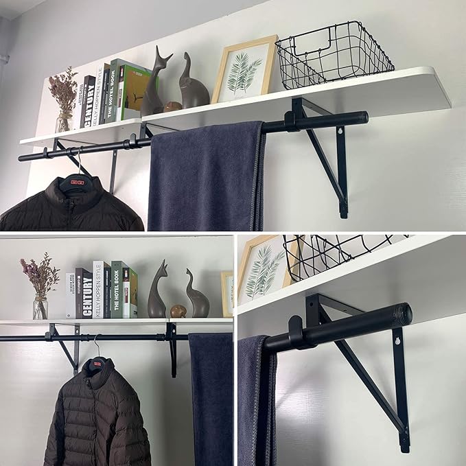 Kunzye 2 Pack Heavy Duty Closet Shelf & Rod Brackets, Black Steel, Wall Mount, Clothes Hanger Pole Support, Closet Shelves Bracket with Rod Shelving Support