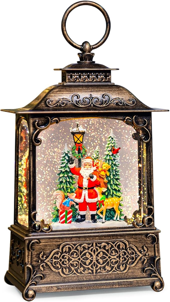 Christmas Snow Globes Lantern with Music, Santa Claus Scene Snow Globes with Water Swirling Glitter Effects, USB/Battery Powered with 6-Hour Timer, Christmas Decorations Gift