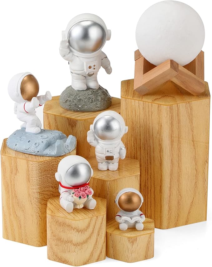 Jetec 12 Pcs Hexagonal Jewelry Display Risers Hexagonal Market Display Risers Stands Acrylic Showcase Acrylic Stand for Jewelry Model Figures Decoration, 6 Sizes (Woodgrain)