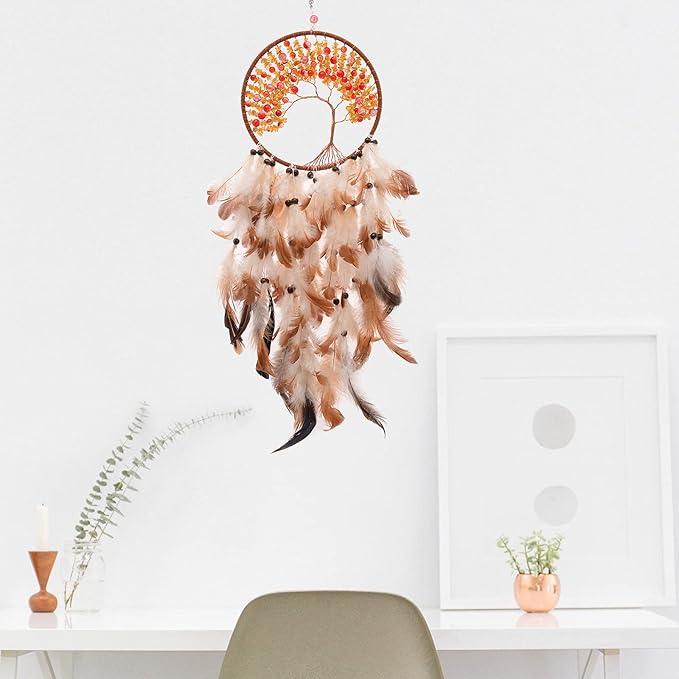 Pretty Jolly Brown Tree of Life Dream Catcher Wall Decor with Healing Crystal Stone Handmade Feather Dream Catchers Decoration Wall Hanging Bedroom Living Room Wedding Party Home Decor-25.6"
