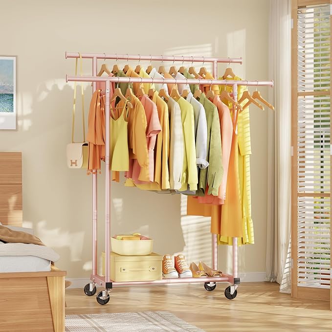 Double Rods Clothes Rack, Sturdy Rolling Clothing Rack, Portable Clothing Racks for Hanging Clothes - Metal Garment Rack Wardrobe Coat Rack for Bedroom Laundry Living Room, Pink