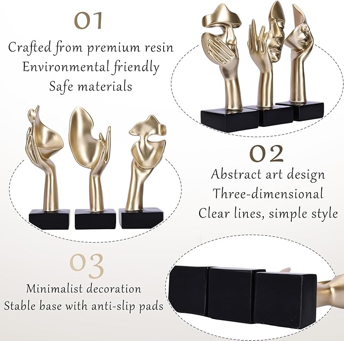 3 Pcs Thinker Large Statue Set - Black Glod Art Abstract Home Accent Figurines for Living Room, Bedroom, Shelves, Office Desktop, Coffee Table Decor, Gift for Women (3 Pcs Black Glod, 9")