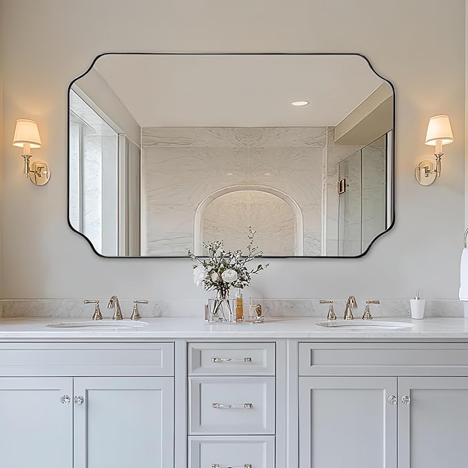 ANDY STAR 30x48 Inch Chrome Mirror, Large Polished Chrome Rectangle Mirror, Scalloped Edge Design with Anti-Rust Stainless Steel Metal Thin Frame Deep 1’’, Wall-Mount Vertically or Horizontally