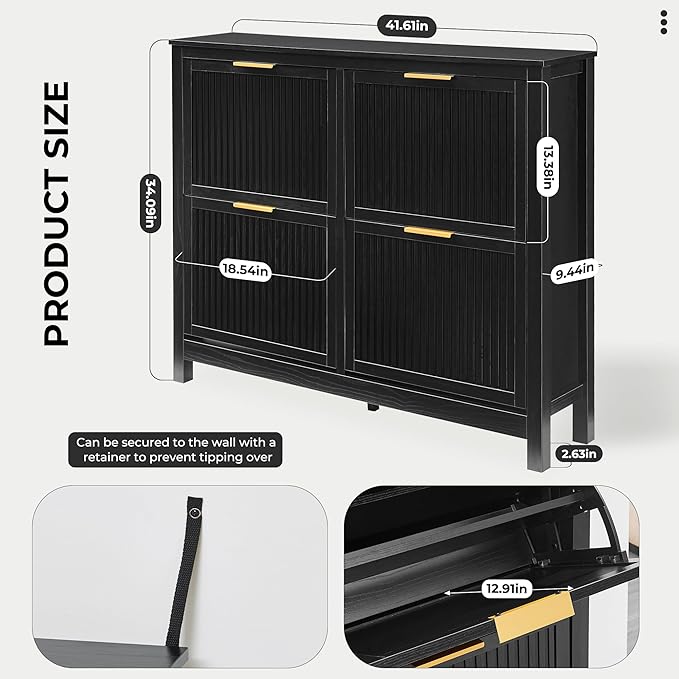 4 Flip Drawers Shoe Cabinet Storage for Entryway, Narrow Hidden Shoes Organizer Wood Cabinet Front Door Free Standing Entrance Thin Front Door Shoe Rack Storage for Entryway(Black)