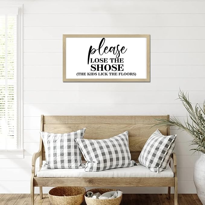 Vintage Style Motivational Quote Wooden Signs with Family Quote Please Lose the Shoes Beige Frame Wooden Plaque for Laundry Room Farmhouse Cottage Porch Wall Decor Birthday Housewarming Gift 12x22in