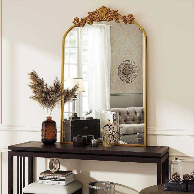 VooBang Vintage Arched Bathroom Mirror, 24x36 Inch Retro Wall Mounted Vanity Mirror with Carved Pattern Top and Metal Frame, Gold Decorative Mirror for Hanging or Leaning