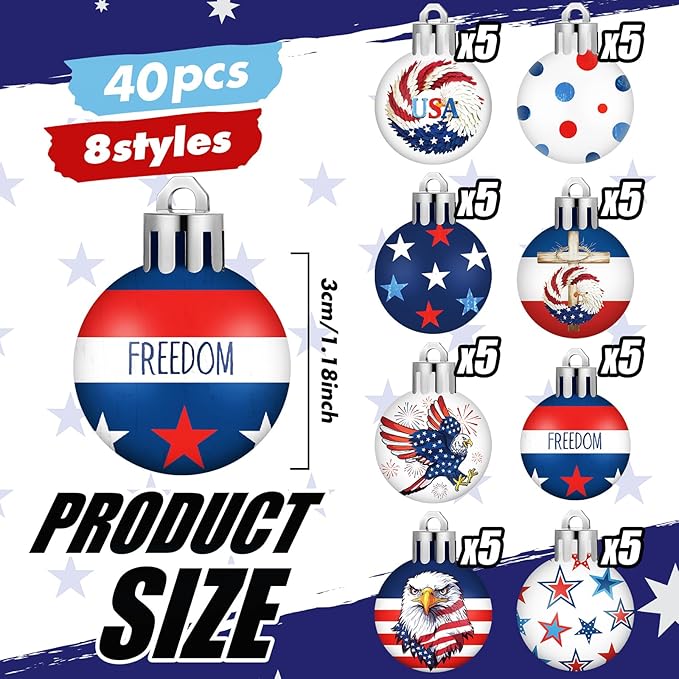 HyDren 40 Pcs 4th of July Ornaments 1.2 Inch Mini Patriotic Tree Decorations 250th Anniversary Memorial Day Independence Day Ornaments Red White Blue Eagle Star Ball Decorations for Holiday Party