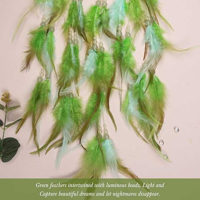 Pretty Jolly Green Tree of Life Dream Catcher Wall Decor with Luminous Beads Handmade Crystal Stones Dreamcatchers Wall Hanging with Small Butterfly Pendant for Bedroom Wedding Party Wish Gift