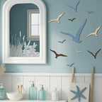 Wesiti 11 Pcs Wooden Seagull Wall Decor Nautical Theme Beach Coastal Art Small Seagull Sea Birds Wall Decor Ocean Adhesive Sculpture Vintage Ornaments for Home Bathroom(Dusty Blue)