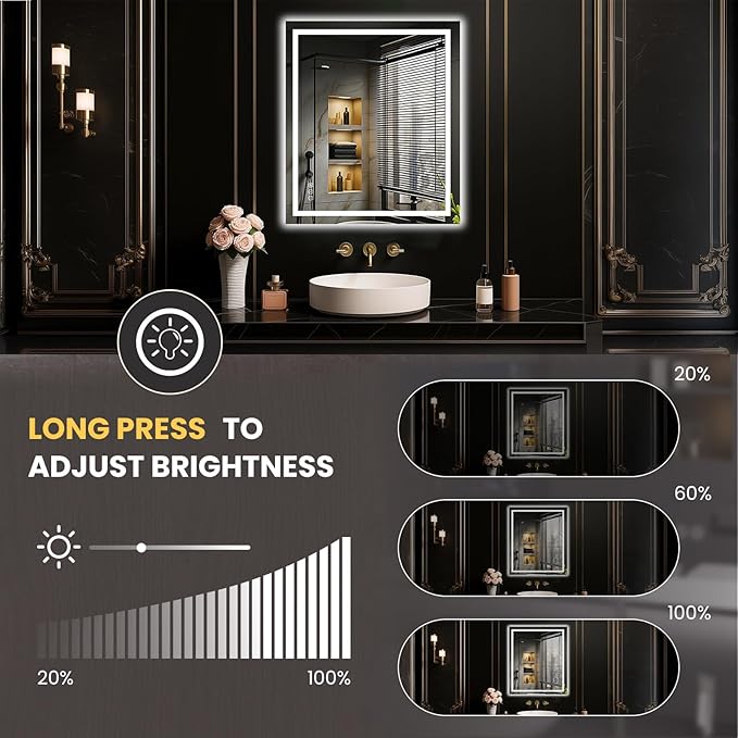 LOAAO 24"X28" LED Mirror for Bathroom, Lighted Bathroom Mirror with Lights, Anti-Fog, Dimmable, Memory Function, Clear Reflection