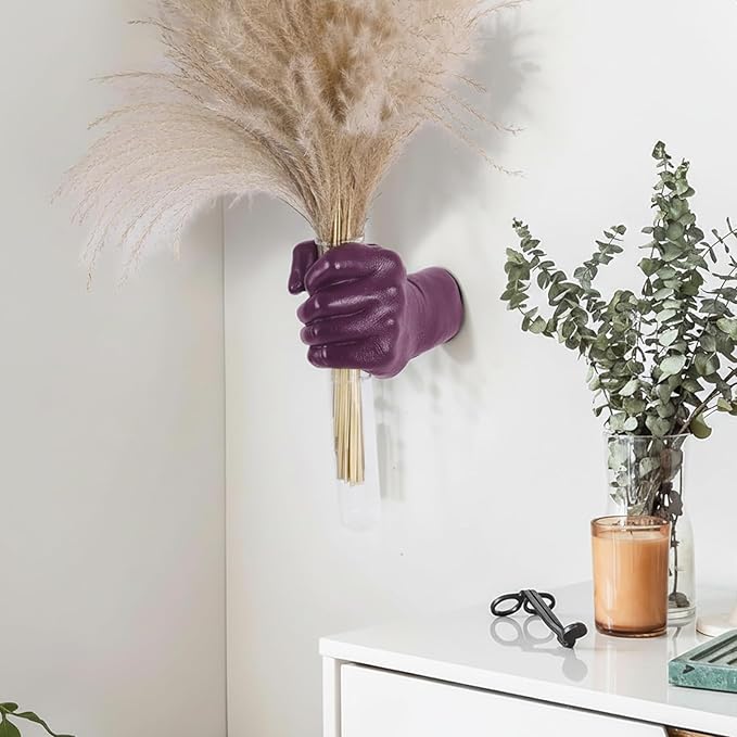 Purple Wall Sculptures, Hand Vases Home Decor, Wall Mount Art Sculpture, Unique Wall Art Statue, Funky Flower Vase Decorations, Modern Eclectic Hanging Decor,Glass Test Tube Vase(Purple)