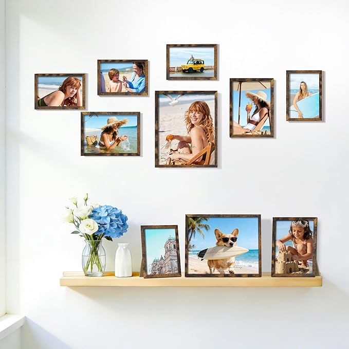 15 Pack Picture Frames Collage Wall Decor, Brown Frame Set with 3pcs 8x10, 6pcs 5x7, 6pcs 4x6 for Gallery Display, Wall Mounting & Tabletop, Bulk Photo Frames for Living Room Decor