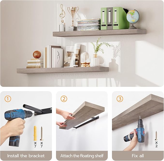 HOOBRO Floating Shelves for Wall, Wall Mounted Shelf Set of 2, 31.5" Hanging Shelf with Invisible Brackets, for Wall Decor Storage in Bathroom Bedroom Kitchen Living Room Office, Greige BG80BJP201