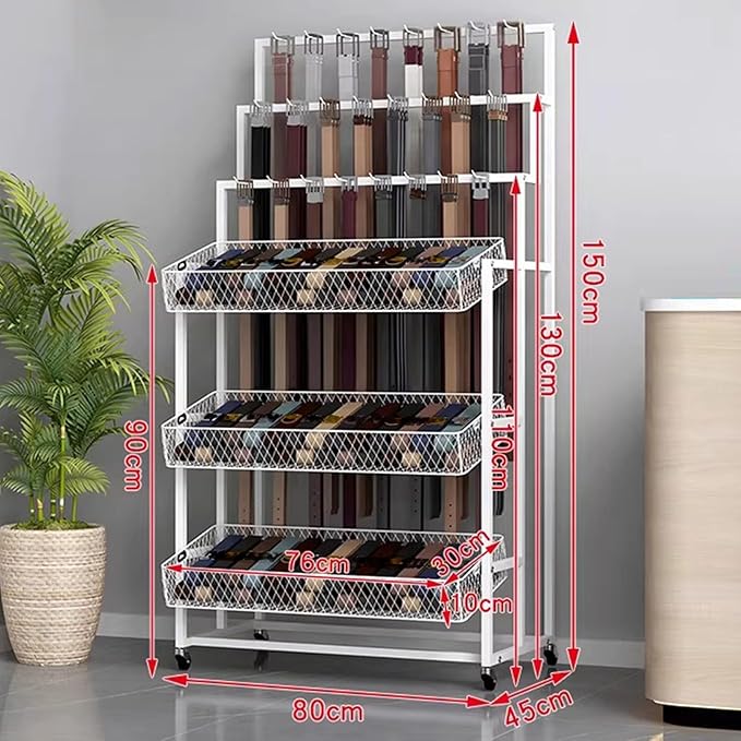 Heavy Duty Belt Display Stand, Metal Belt Rack with 360° Rolling Wheels, Multi-Functional Accessory Display for Belts/Scarves/Wallets, Retail Belt Organizer for Store/Closet/Boutique