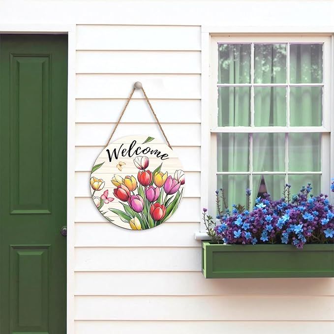 Spring Summer Welcome Sign for Front Door Decor Spring Flower Wall Hanging Sign Spring Decorations Floral Wooden Wreath Farmhouse Door Hanger Sign for Spring Summer Party Indoor Outdoor Decor 12 Inch