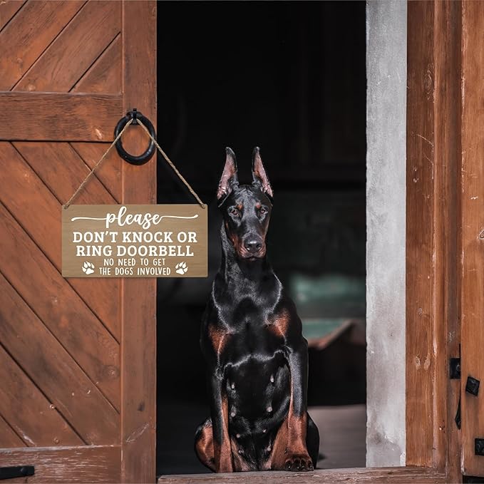 JXREQ Don't Knock or Ring Doorbell Sign for Front Door Dog Warning Sign for Gate Fence Yard Home Decor, Beware of Dog Sign Wall Pediments, Dogs Signs Gifts, 12x8 Inch, (Light Brown)