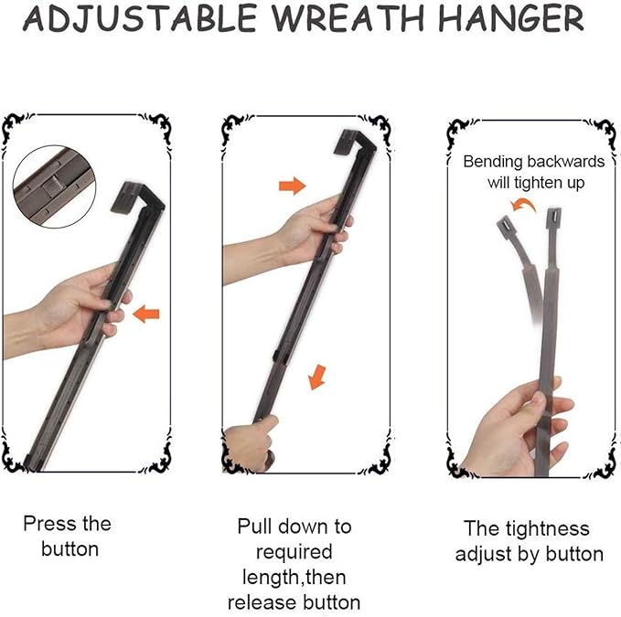 Wreath Hanger Adjustable Door Hanger Wreath Hanger for Front Door 15 to 24inch,Wreath Hook, Hold Up 20lb (Black,1 Pack)