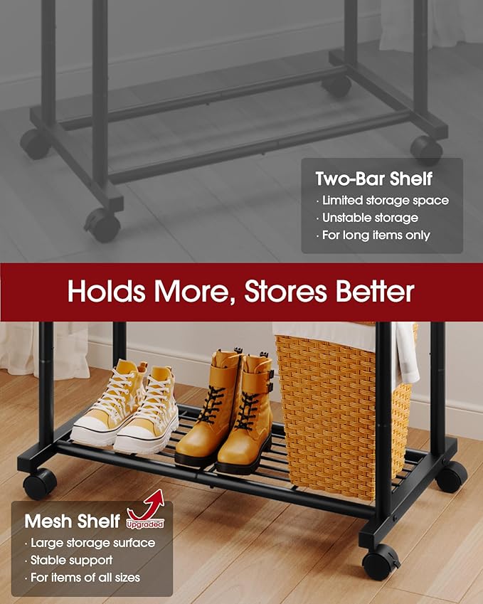 Clothes Rack - Double Rods Clothing Rack with Mesh Shelf, Hooks & Wheels, Metal Clothing Racks for Hanging Clothes & Bags, Multifunctional Garment Rack for Laundry, Black, 28.7" x 16.5" x 59.1"