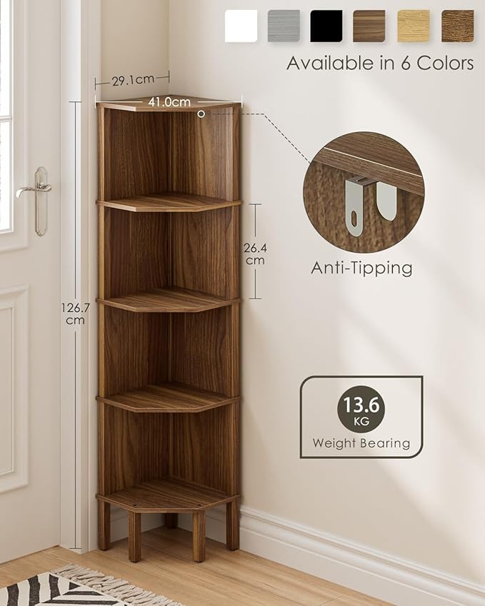 Corner Shelf, 5 Tier Corner Bookshelf, Display Corner Shelf Stand with Storage Rack, Wall Corner Bookshelf for Living Room, Bedroom, Office, Walnut