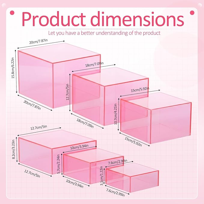 Geelin 6 Pack Acrylic Risers for Display Acrylic Cube Boxes Risers Display Stands with Hollow Bottoms Decorative Stand for Jewelry Candy Table Decor 6 Sizes(Pink,3 to 8 Inch,Square)