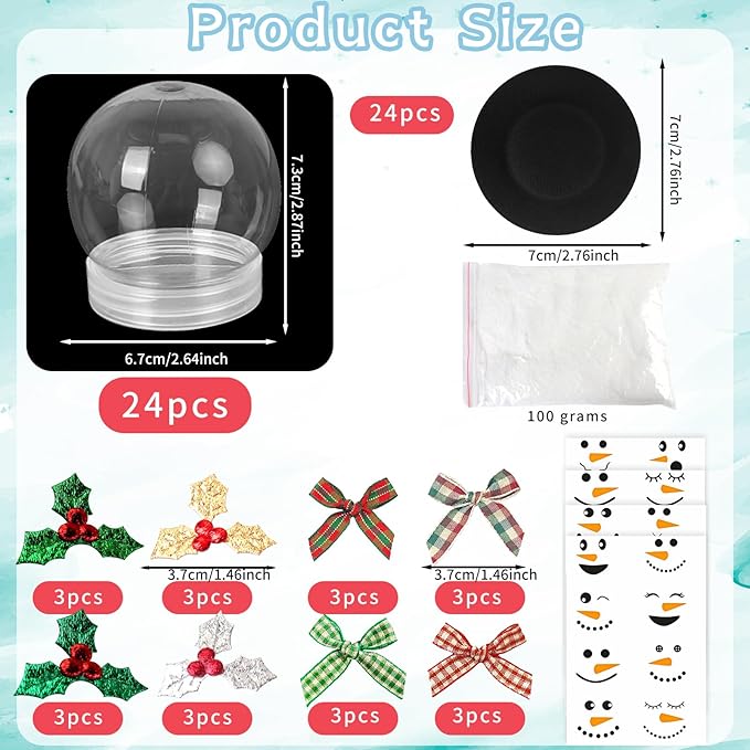 24 Sets Christmas Plastic Snow Globes Kit Includes 24 Clear Snow Globe, Mini Black Top Hats and Sticker for Ornaments DIY Crafts Fillable Snow Globes Home Winter Christmas Decoration