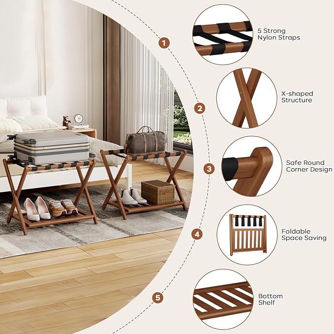 Full Assembled 26.77" L Luggage Rack Set of 2 - Luggage Stand for Guest Room, Foldable Suitcase Stand with Shoe Shelf, Luggage Holder for Bedroom, Hotel (Walnut Bamboo Suitcase Holders)