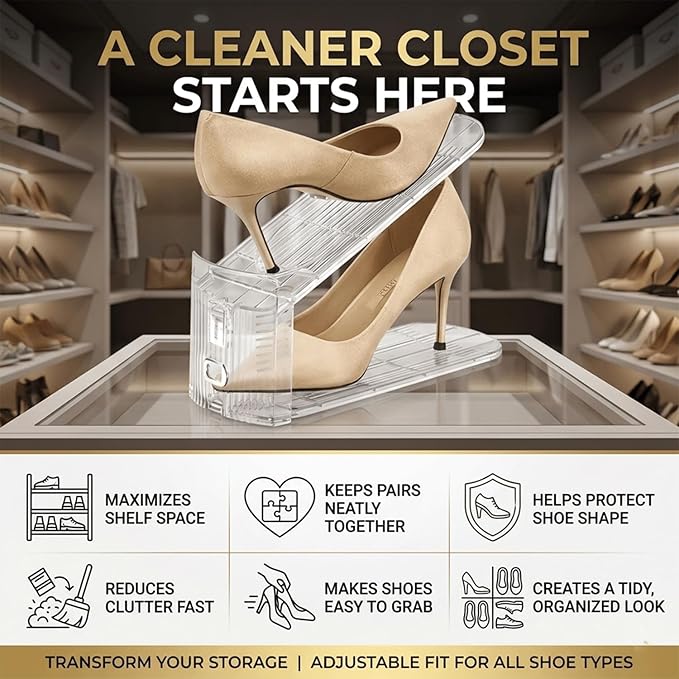 14 Pack Shoe Slot Organizer, Double Layer Space Saver, 3 Levels Adjustable, Durable and Stackable Shoe Holder for Sneakers Heels and Flat.