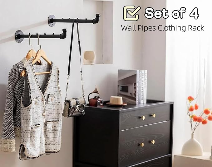 Industrial Wall Pipe Clothes Bar - Heavy Duty Metal Coat Hanger with Hook, Wall-Mounted Garment Holder Racks,Wall Clothing Racks/Hanging Rail, 4Pcs