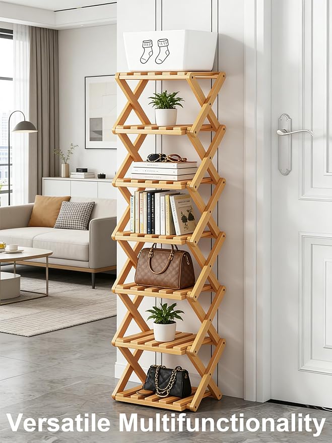 The 9-Tier No-Assembly Bamboo Rack, New Upgrade 9 Tier Bamboo Shoe Rack, Space-Saving Tall Narrow Accordion Shoe Rack for Entryway Closet Dorm (Natural-3)