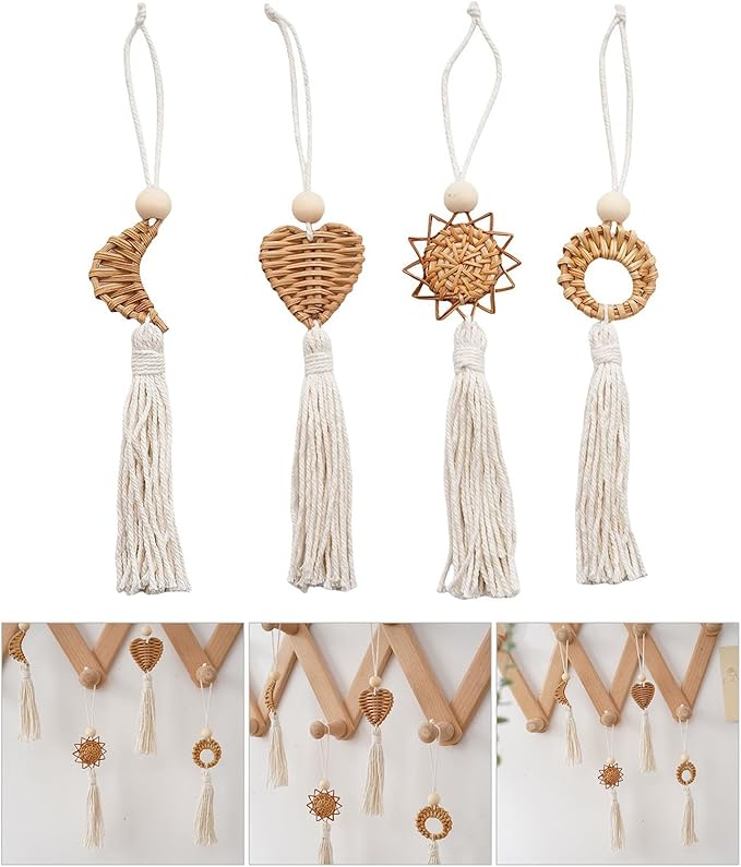 Set of 4 Handwoven Wall Hanging Natural Fiber Pendants Decors with Cotton Tassels for Living Room Aesthetic Ornaments Cotton Rope Tassels Hanging Charm