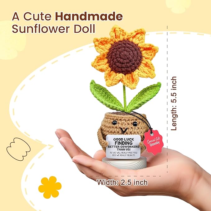 Gossby Handmade Positive Sunflower Doll Crochet with Card - Women Coworker Appreciation Gift - Retirement, Farewell, Goodbye, Leaving, Going Away Gift for Coworker - Good Luck Finding Better Coworkers