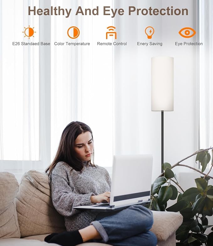 luckystyle Dimmable Floor Standing Tall Lamp, 12W Led Bulb with Lampshade, Foot Switch, Remote Custom Color Temperature Pole for Bedroom, Office, Kids & Living Room, Black