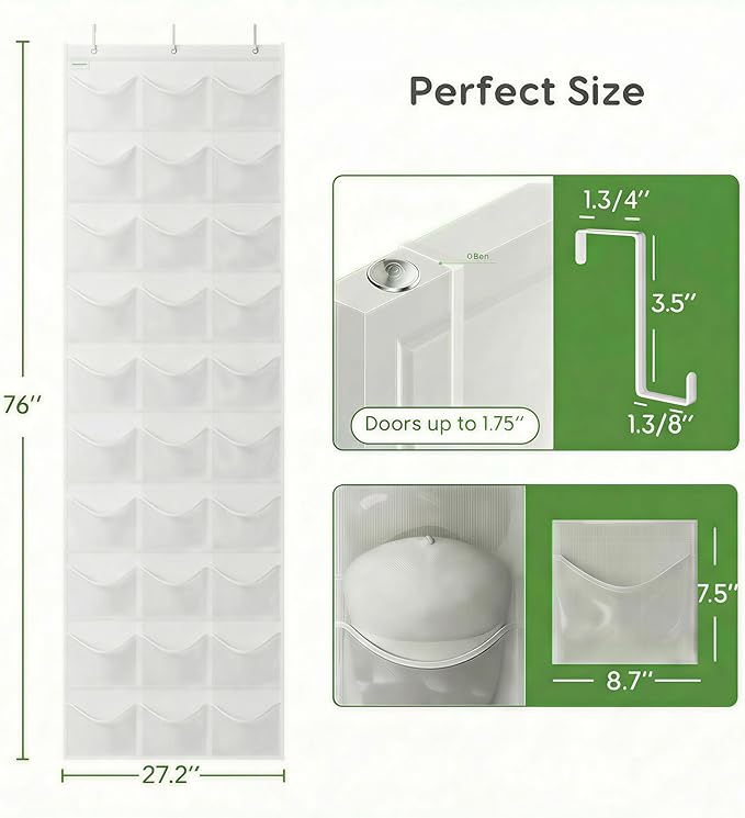Unjumbly Baseball Hat Rack, 24 Pocket Over-The-Door Hat Organizer with Clear Deep Pockets to Display Baseball Caps Collection, Complete with 3 Over Door Hooks (White, 30 Pockets)