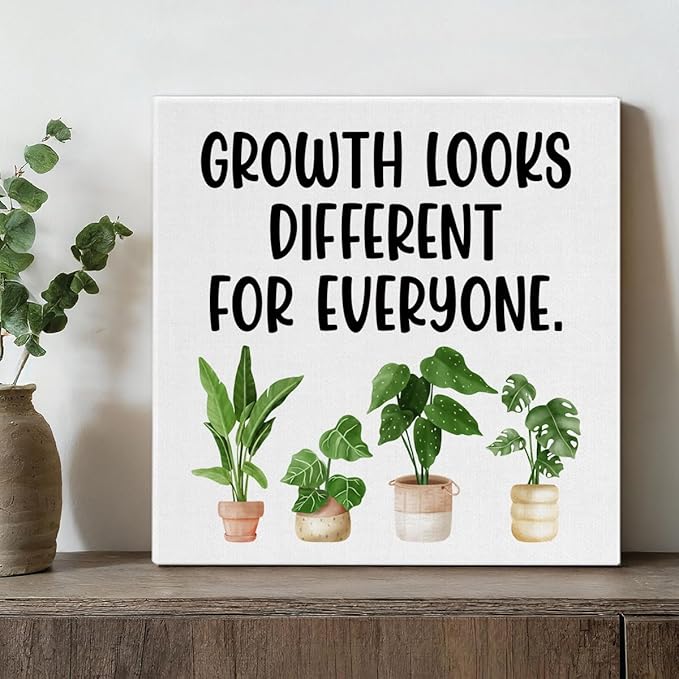 Motivational Wall Art Classroom Decor, Inspirational Mental Health Posters for Therapy Counseling Office, Growth Looks Different for Everyone Canvas Painting Artwork (8 X 8 Inches, Framed)