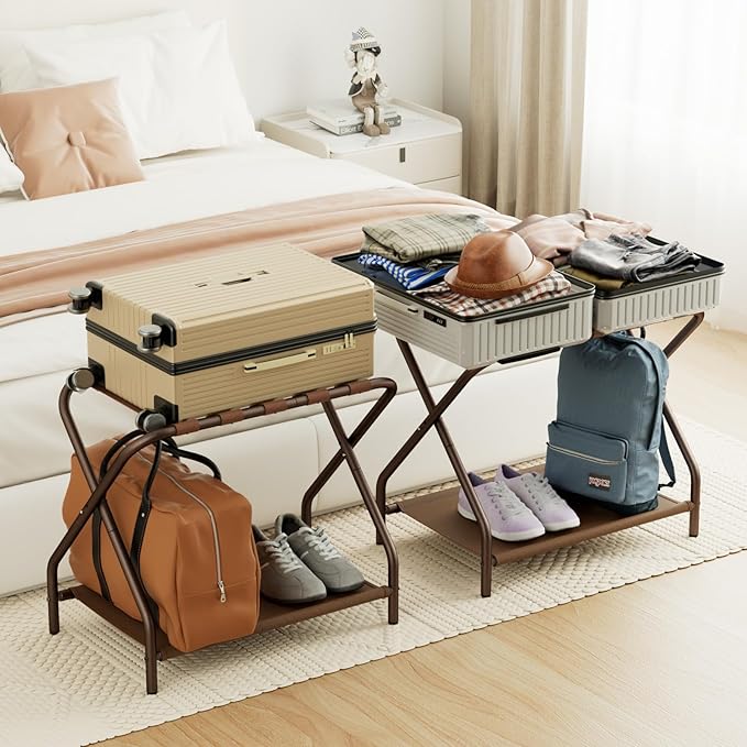 AMHANCIBLE Luggage Rack, Set of 2, Foldable Suitcase Stands for Guest Room, Metal Luggage Holder with Storage Shelf for Bedroom, Hotel, Easy Assemble, Bronz HLR02BZ
