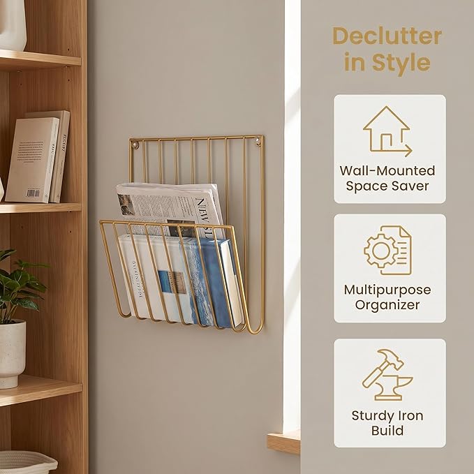 Gold Wall Mounted Magazine Rack and File Holder, A Sturdy Iron Organizer for Mail, Letters, Folders, and Papers,Decorative for Home Office or Study Room