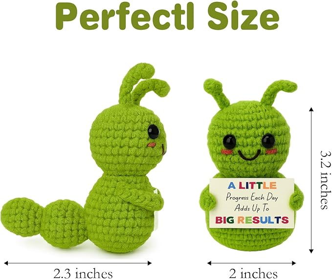 Mini Positive Progress Caterpillar – Motivational Crochet Doll for Kids Teens Adults, Small Encouragement Gifts for Students, Back to School Study Desk Decor, Uplifting Plush Reminder