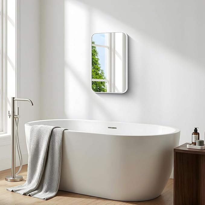 BONEWEI White Bathroom Mirror,16x24 inch Wall Mirror for Bathroom Wall Mounted,Rectangle Mirror for Bathroom Over Sink,Modern Frame Round Corner for Living Room,Bedroom Entryway,Horizontal/Vertical