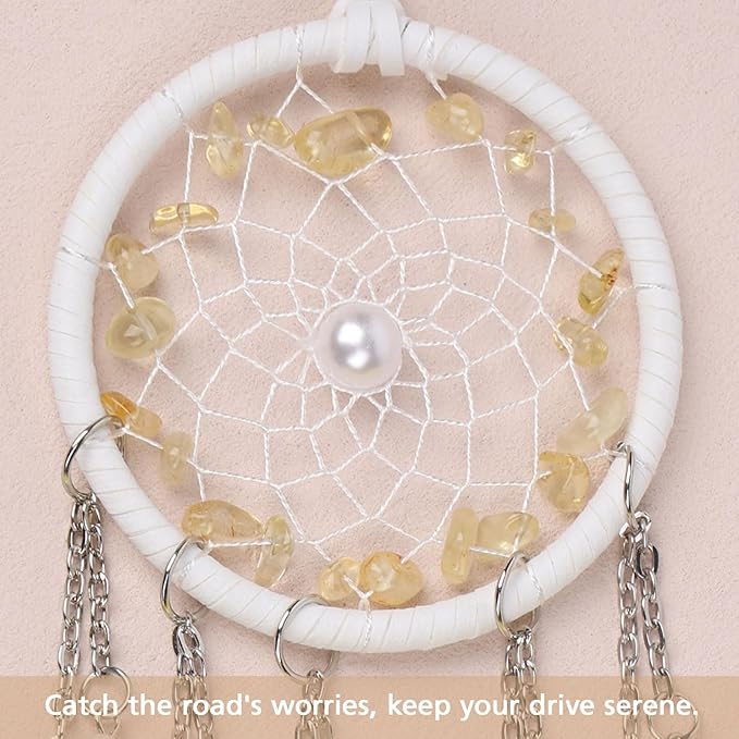 Pretty Jolly Crystal Stone Small Dream Catchers Yellow Feathers Mini Dreamcatchers with Beads for Cars Rear View Mirror Hanging Decoration Good Luck Travel Charm Bedroom Ornaments for Women Girls