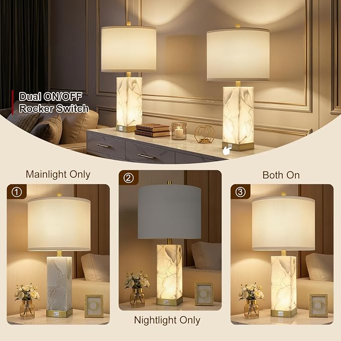Scenekoy 23" Alabaster Table Lamps Set of 2 for Living Room Bedroom, Bedside Lamps with USB A+C Ports, Modern Table Lamp with Linen Shade for Living Room Bedroom Nightstand (Bulbs Included)